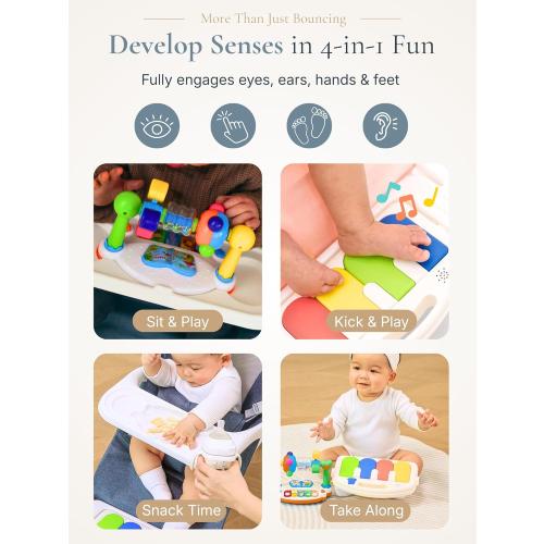CuddoBaby Baby Bouncer 4-in-1 on Wheels, Detachable Pianos, Feeding Tray, 3-Level Recline Foldable Seat with Play Bar for Infant to Toddler 0-6, 0-12, 12-24 Months, Boy Gift Idea - Blue