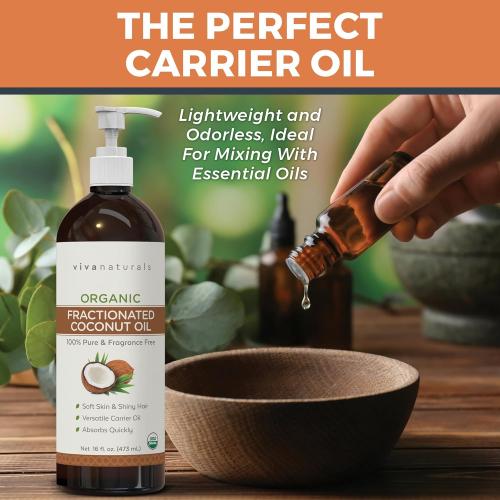 Viva Naturals Organic Fractionated Coconut Oil, 16 fl oz – Skin & Hair Moisturizer, Massage Oil, Carrier Oil for Essential Oils