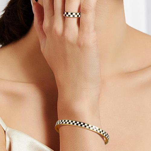 Checkered Stackable Jewelry Set: Black & White 316L Stainless Steel Bracelet & Ring | Non Tarnish Geometric Gift for Women | Hypoallergenic Unisex Gift (2-Piece)