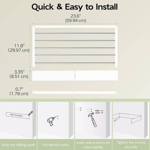 Vikaqi Wall Mounted Clothes Drying Rack 23.6, Foldable Wall Mount Laundry Rack Folding Indoor, Drying Rack Clothing Collapsible, Hidden Space Saver with Wall Template, 5 Rods, White