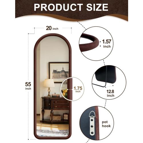 Delma Arched Full Length Mirror, Free Standing Floor Velvet Finish Frame Mirror for Leaning or Hanging, Soft Touch Bedroom & Living Room Decor, Brown