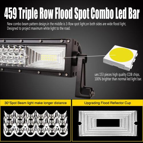 LED Straight Light Bar,32inch 459W  4pcs 72W Led Pods Tri Row Lens Flood Spot Combo Beam Led Driving Lights Super Bright Off Road Lights with Wiring Harness for Trucks UTV ATV Boat