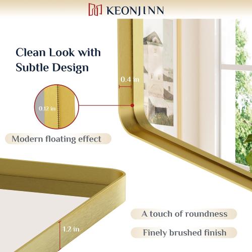 Keonjinn Gold Bathroom Mirrors for Vanity, 24 x 32 Inch Rounded Rectangle Gold Mirror for Wall, Brushed Brass Mirror with Metal Frame, HD Tempered Glass Modern Gold Framed Mirrors(Horizontal/Vertical)