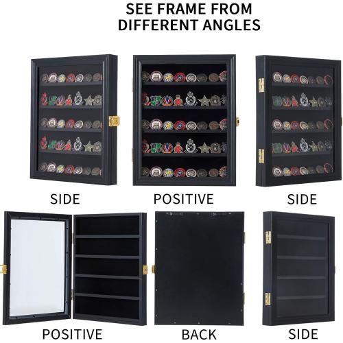 Jinchuan Military Challenge Coin Display Case Lockable Cabinet Rack Holder Shadow Box with Removable 2 Grooves Shelves and Anti Dust Door for Casino Poker Chips Collectibles, Small - Black
