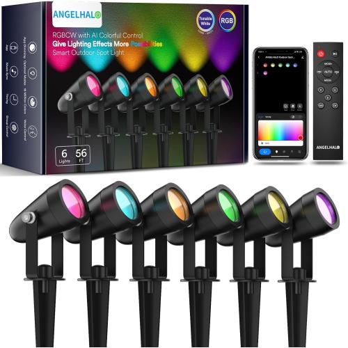 ANGELHALO Smart Landscape Spotlights, Low Voltage IP65 Waterproof Outdoor Spotlights Compatible with APP/Voice/Alexa Control, Color Changing Lights for Yard Garden Pathway Lawn, 6 Pack