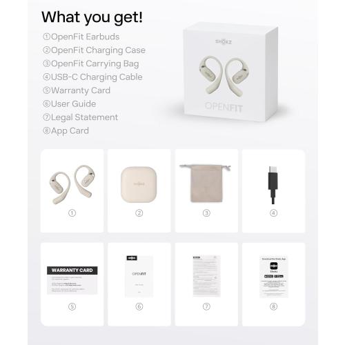 SHOKZ OpenFit - Open-Ear True Wireless Bluetooth Headphones with Microphone, Earbuds with Earhooks, Sweat Resistant, Fast Charging, 28HRS Playtime, Compatible with iPhone & Android, Beige