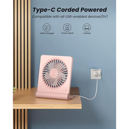 Koonie USB Fan, Strong Wind Ultra Quiet Small Desk Fan 220° Tilt Folding 3 Speeds Adjustable USB-C Powered Personal Fan for Home Office Desktop, Pink, NO BATTERY