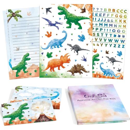 WERNNSAI Kids Stationery Set -72 PCS Dinosaur Boys Stationery Set Teens Dino Letter Writing Kit Dinosaur Letter Paper Set Stationery Writing Sheets with Envelopes School Gift Set