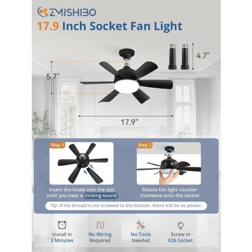 ZMISHIBO 2 Pack 17.9 Inch Socket Fan Light with Remote, Dimmable 3 Colors 6 Speed 1100 Lumens Light Bulb Fan Screw in Ceiling with Lights, Light Socket Ceiling Fan for Bedroom -Black