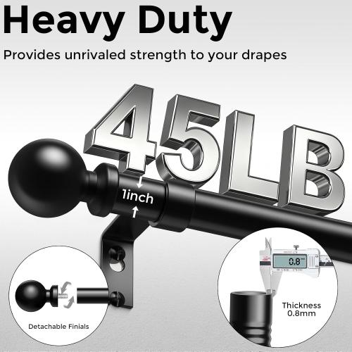 Curtain Rods 36-91 Inch, Black 1 Inch Adjustable Heavy Duty Curtain Rods for Windows, Decorative Modern Window Treatment Rod, Telescopic Splicing Metal Drapery Pole, Easy Installation