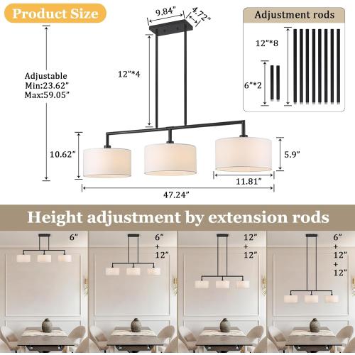 47 W Modern Linear Kitchen Island Pendant Light Fixture 3-Light White Linen Drum Shade Chandelier Black Metal Linear Chandeliers for Dining Room Farmhouse Hanging Light for Living Room, Bar, E26