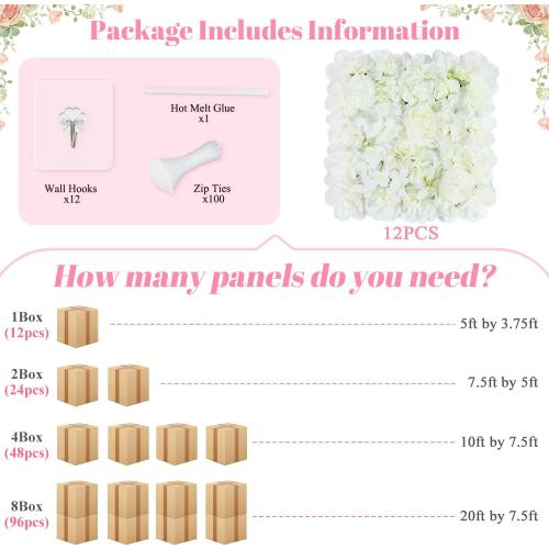 Flower Wall Backdrop 12Pcs 15x15 Inches 3D White Artificial Flower Backdrop Panels Silk Rose Flowers Wall Backdrops Floral Panels for Backdrops Wedding Party Photoshoot Background Decoration