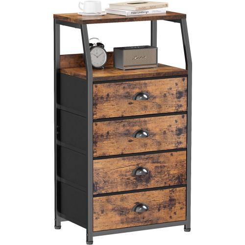 Furnulem Night Stand, Tall 4 Drawers Dresser for Bedroom, Hallway, Nursery, Closet Organizer, Nightstand Bedside Table Furniture, Vertical Storage Tower Fabric, Sturdy Steel Frame, Wood Top