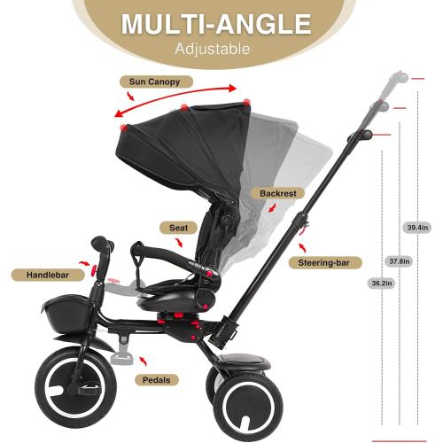 Baby Tricycle, 6-in-1 Folding Tricycle with Removable Push Handle, Rotatable Seat, Adjustable Canopy, Storage Box, Safety Harness, Balance Bike, Toddler Trike for 7 Months - 5 Year Girls and Boys