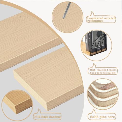 Long 48 Inch Oak Wall Bookshelf- Curved Fan-Shaped Design with Built-in Anti-Slip Book Stops|0.71 Thicker Heavy Duty White Oak Floating Shelves|Floating Book Shelf for Wall,Home Décor Set of 2