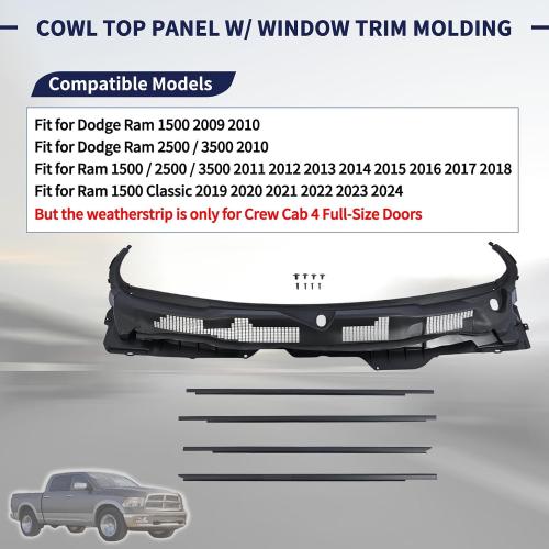 Windshield Wiper Cowl Panel Grille w/Window Trim Molding Compatible with Dodge Ram 1500 2500 3500 2009-2018,1500 Classic 2019-2024 Cowl Top Panel Replace 55112305AD 55112305AB 55112305AC