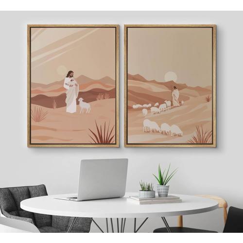 2Pcs Jesus And The Lamb Wall Art Shepherd Canvas Wall Decor Leads Lost Lamb Painting Picture Jesus Leaves The 99 Poster Print or Church Prayer Room Bedroom Home Decoration Unframed