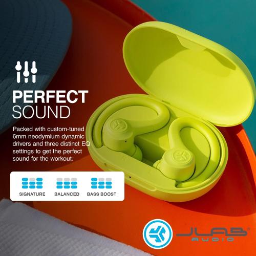 JLab Go Air Sport True Wireless Earbuds, Yellow, Featuring C3 Clear Calling, Secure Earhook Sport Design, 35  Hour Bluetooth Playtime, and 3 EQ Sound Settings