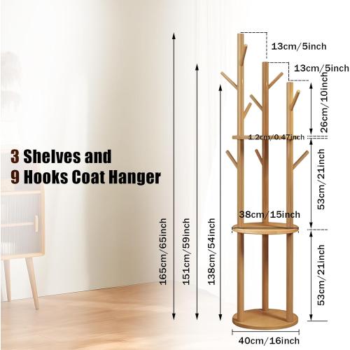 Simcat Wood Coat Rack with 3 Shelves and 9 Hooks Coat Tree Hanger Freestanding Coat Rack for Bedroom, Hallway, Entrance, Office, for Hats, Coats, Scarves, Handbags (Fixed rack walnut color)