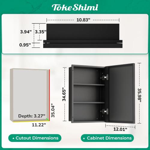TokeShimi 12x36 Recessed Medicine Cabinet with Mirror Surface Mount, Aluminum Framed Metal Black Medicine Cabinet Mirrored, Bathroom Beveled Mirror with Storage Adjustable