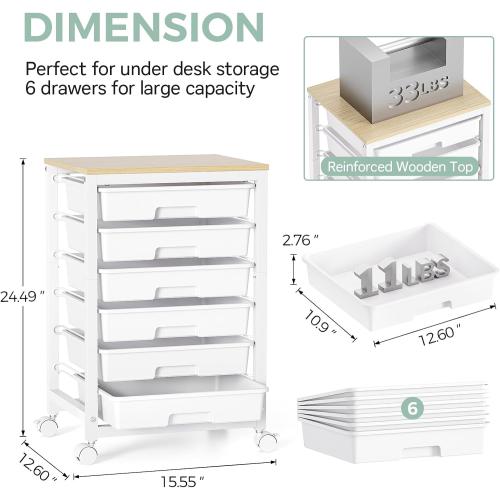 Rolling Storage Utility Cart with 6 Drawers and Wooden Tabletop for Under Desk Storage,White