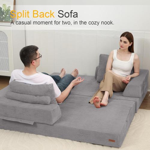 COMAX Convertible Sofa Bed Queen, Folding Floor Couch Corduroy Fold Out Couch Bed Futon Sleeper Mattress with Pillows, Boneless Sofa Comfy Lounge Loveseat for Living Room Bedroom, Light Grey