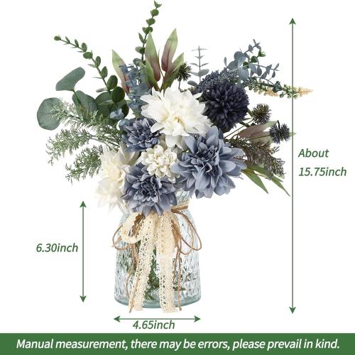 White and blue CEWOR Fake Flowers in Vase, Artificial Flowers Arrangement in Vase, Fake Floral Table Centerpieces Decor for Kitchen Farmhouse Coffee Table Living Room Bathroom Plant Decor