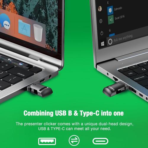 2-in-1 USB Type C Presentation Clicker Wireless Presenter Remote with Green Light for PowerPoint, Powerpoint Clicker with Volume Control PowerPoint Slide Advancer for Mac, Computer, Laptop