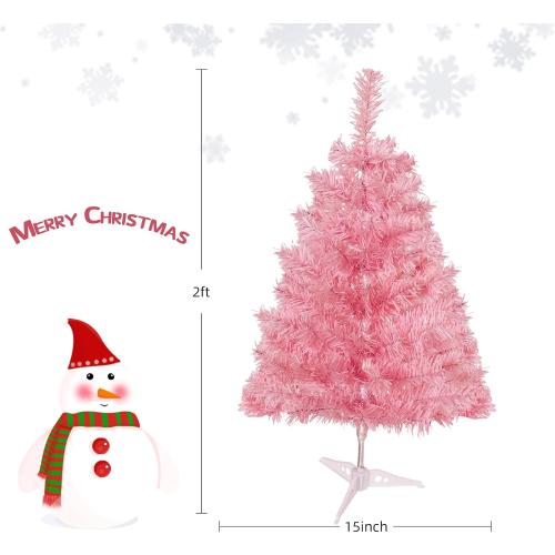 2ft Pink Artificial Christmas Tree,Mini Tabletop Xmas Pine Tree with 80 Branch Tips and Plastic Stand for Indoor and Outdoor Decoration