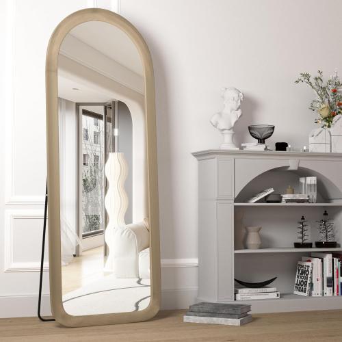 Full Length Mirror 56x20 Arch Floor Mirror with Stand Arched Full Body Mirror Standing Hanging or Leaning Against Wall for Bedroom Flannel Wrapped Wooden Frame Milk Tea