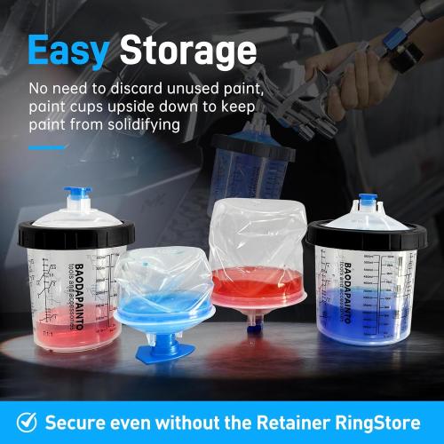 Disposable Paint Cups for Spray Gun, Paint System for HVLP and LVLP Paint Spray Paint Gun, 6.5 Ounce (200ml) Kit with 50 Cups and Lids System, 2 Hard Cups with Retainer Ring, 20 Plugs, 3 Mixing Sticks