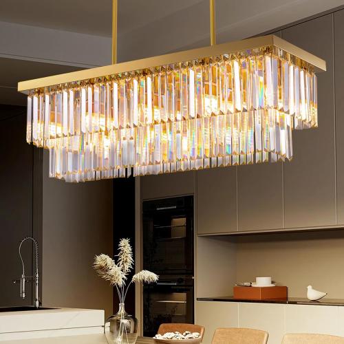 Siljoy 10-Light Rectangle Gold Crystal Chandelier for Dining Room Modern Rectangular 2 Tiers Crystal Raindrop Chandelier Linear Pendant Ceiling Light Fixture for Kitchen Island L40'' x W10'' x H10''