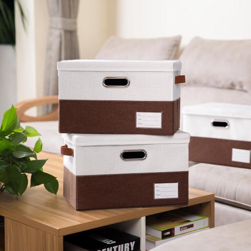 Set of 3  Foldable Storage Bins with Lids [3-Pack] Fabric Collapsible Storage Boxes Baskets Cubes Containers with Handles for Closet Living Room Bedroom (Brown & White 17.7x11.8x11.8'')