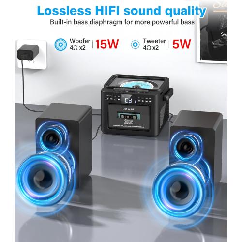 Black Greadio Stereo System for Home with Boombox CD and Cassette Player Combo, 40W Home Stereo System with Bluetooth, FM Radio/USB/TF/AUX/Remote Control, Detachable Wooden Bookshelf Speakers