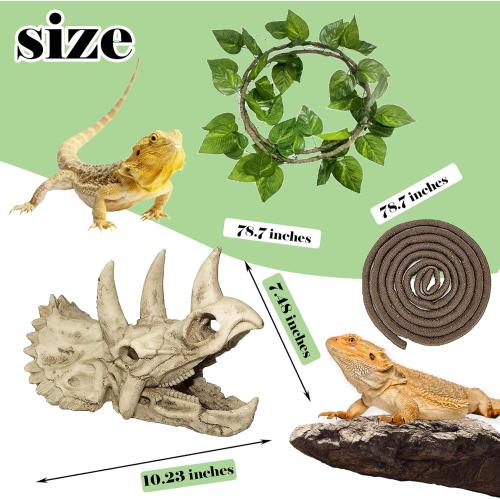 kathson Reptile Resin Dinosaur Skull Decoration Bearded Dragon Tank Triceratops Skeleton Accessories Vines Flexible Leaves Decor for Lizards Tortoises Snakes Frogs(3 PCS)