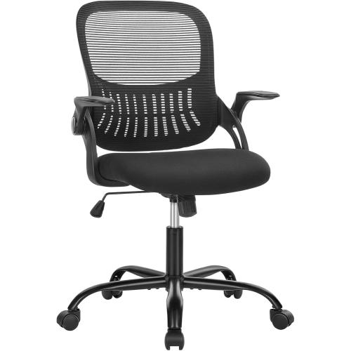 Smug Home Office Desk Chair - Ergonomic Mid-Back Computer Task Chair with Comfy Lumbar Support, Mesh Rolling and 360° Swivel, Flip-up Armrest for Home, Bedroom, Gaming, Study, Student, Black