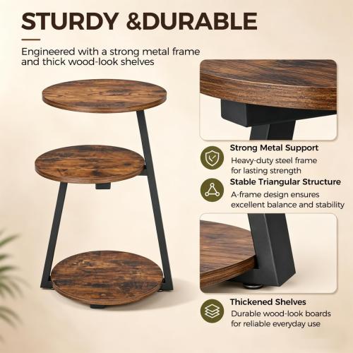 BEWISHOME Small Round Side Table, 3-Tier End Table with Storage Shelves | Small End Table, Nightstand with Metal Frame, Vintage Accent Table for Small Spaces with Storage Shelf, Living Room, Bedroom