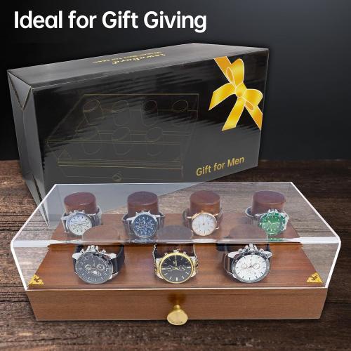 Holmes and Hadfield Wooden Watch Case, 2-Tier Watch Display Case Watch Box for Men, Watch Display Stand with Drawer Watch Collection Storage Watch Holder, brown
