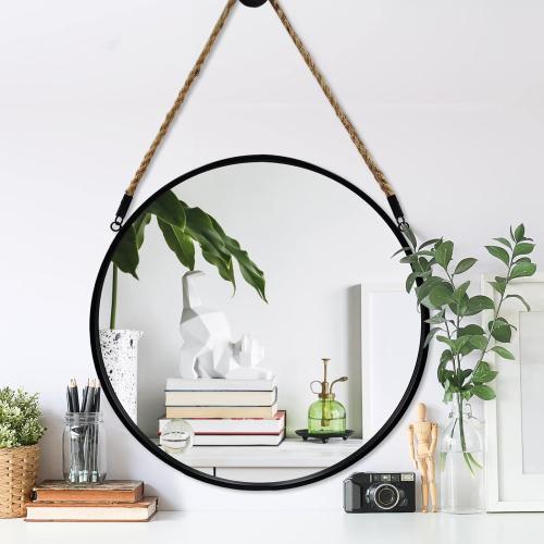 POZINO Round Hanging Mirror, 20 Rope Wall Mirrors Decorative, Black Metal Frame Circle Mirrors, Farmhouse Wall Mounted Mirrors for Bathroom, Bedroom, Living Room, Entryway, Home Decor