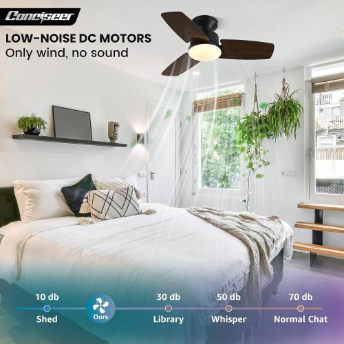 30 Inch Ceiling Fans with Lights and Remote, Bedroom Living Room Office, Flush Mount, 3CCT Dimmable, Dual Color 3 Blades 6 Speed Reversible Quiet DC Motor, Black/Wood Grain