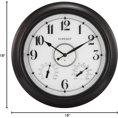 CLXEAST Illuminated Indoor Outdoor Clocks Waterproof 18 inch with Smart Night Light Sensor,Large Wall Clock with Thermometer & Hygrometer,Oil Rubbed Bronze Black,House Warming Gifts New Home