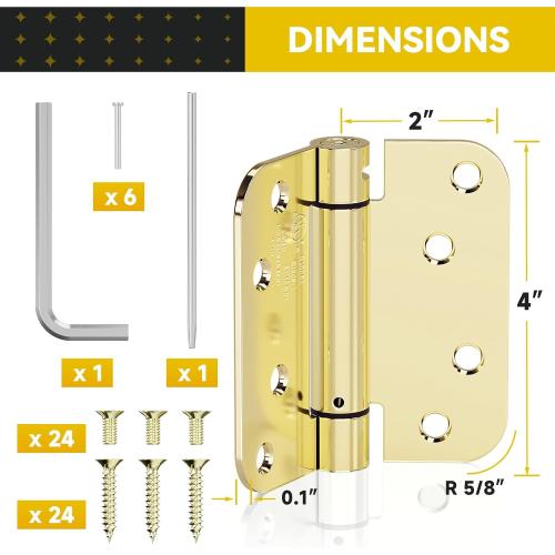 2 Pack Self Closing Door Hinges, 4 Inch Spring Loaded Door Hinges for Garage, Front, Back Door, Left/Right Hand, Adjustable Tension, 5/8'' Radius Corners, UL Listed, Gloden