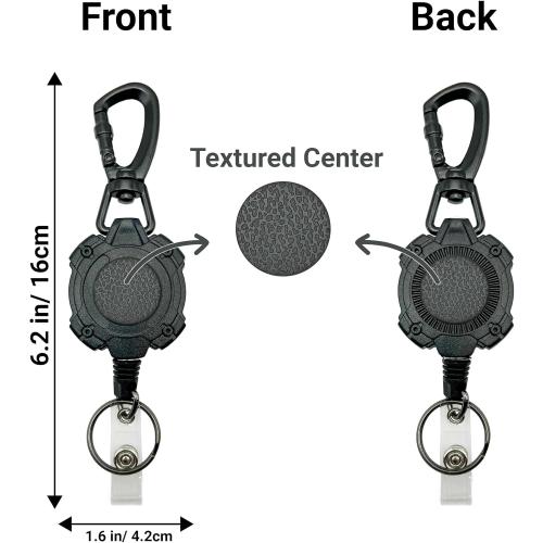 Heavy Duty Black Tactical Badge Reel. Swivel Carabiner Clip. 32.5” Steel Cable/Rope with Key Ring & ID Strap. 8 oz Weight