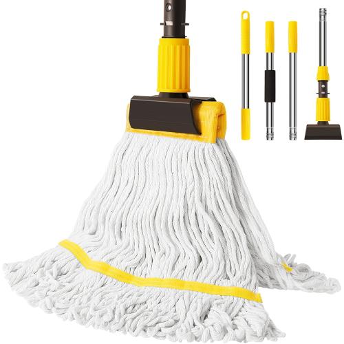 Professional Commercial Mop Industrial Heavy Duty Mop with 54 Long Handle ,Wet Mop for Home,Workshop,Garage Floors Cleaning,with 53'' Stainless Steel Mop Handle,Yellow