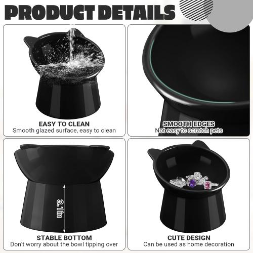 Zhehao 2 Pieces Plastic Raised Bowl Tilted 15 Degrees Elevated Cat Food and Water Bowls Set Anti Vomit Dog Kitten Food Dishes Pet for Cats and Small Dogs(Cat Ears,Black)