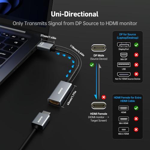 BENFEI 4K DisplayPort to HDMI Adapter Cable, (2K 60Hz, 1080p 120Hz) Uni-Directional Display Port to HDMI Monitor Converter Compatible for HP, Dell, GPU, AMD, NVIDIA, More. Male to Female