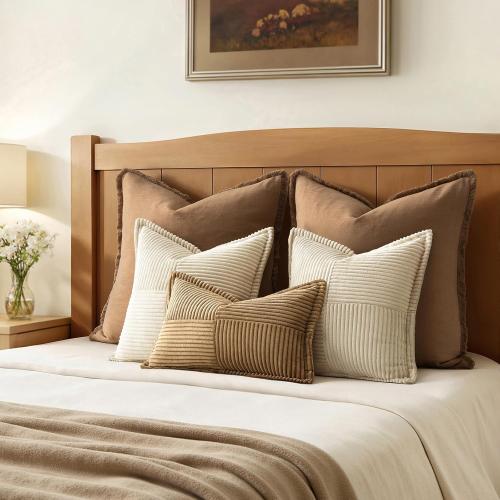 MIULEE Decorative Throw Pillow Covers for Couch Bed Livingroom 18x18 Inch Set of 2 Beige Boho Accent Throw Pllows Broadside Striped Patchwork Soft Corduroy Pillowcases