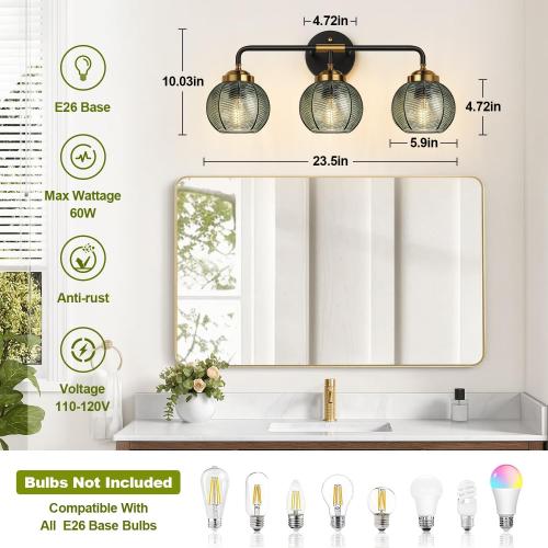 Bathroom Light Fixtures, 3-Light Green Vanity Lights with Unique Leaf Texture Glass Shade, Modern Matte Black and Gold Bathroom Wall Lamp for Mirror Hallway Cabinet Living Room