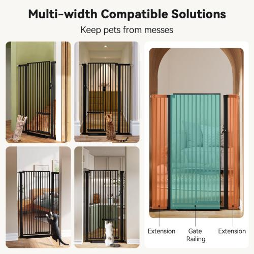 Extra Tall Pet Gate for Cats,  Extra Wide Cat Gate with Adjustable Cat Door, Pressure Mounted Easy Walk Through Pet Gate with Door for Stairs, Doorways, Kitchen(Black)