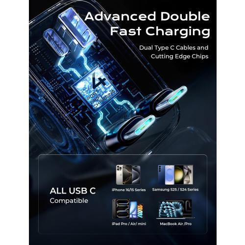 LISEN Retractable Car Charger USB C [Upgraded Dual Type C] 75W Fast 4 in 1 Car Charger for iPhone 17, Gifts for Him Her Men Women, Car Accessories for Galaxy S25 S26 Phone 17 Pro Max 16 15